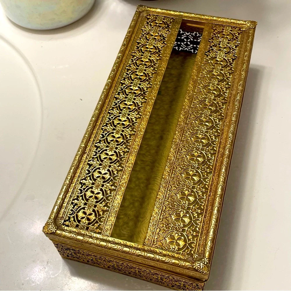 Vintage Tissue Box Holder Gold Filigree Hollywood Regency Metal